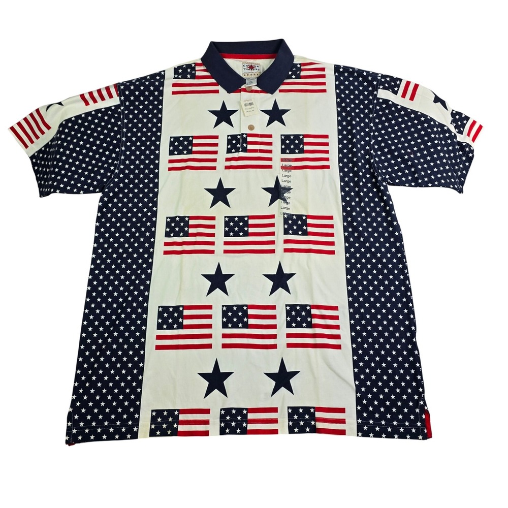 Vintage Cotton Traders Polo Shirt Mens Large White USA Flag Stars Patriotic NWD